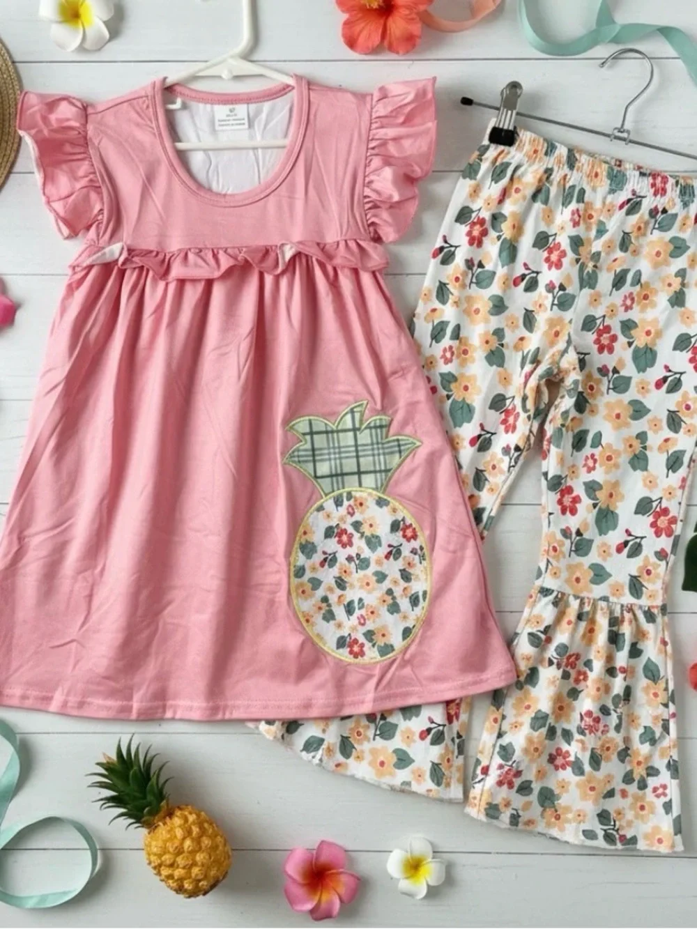 Girls Pink Pineapple Appliqué Pajama Set